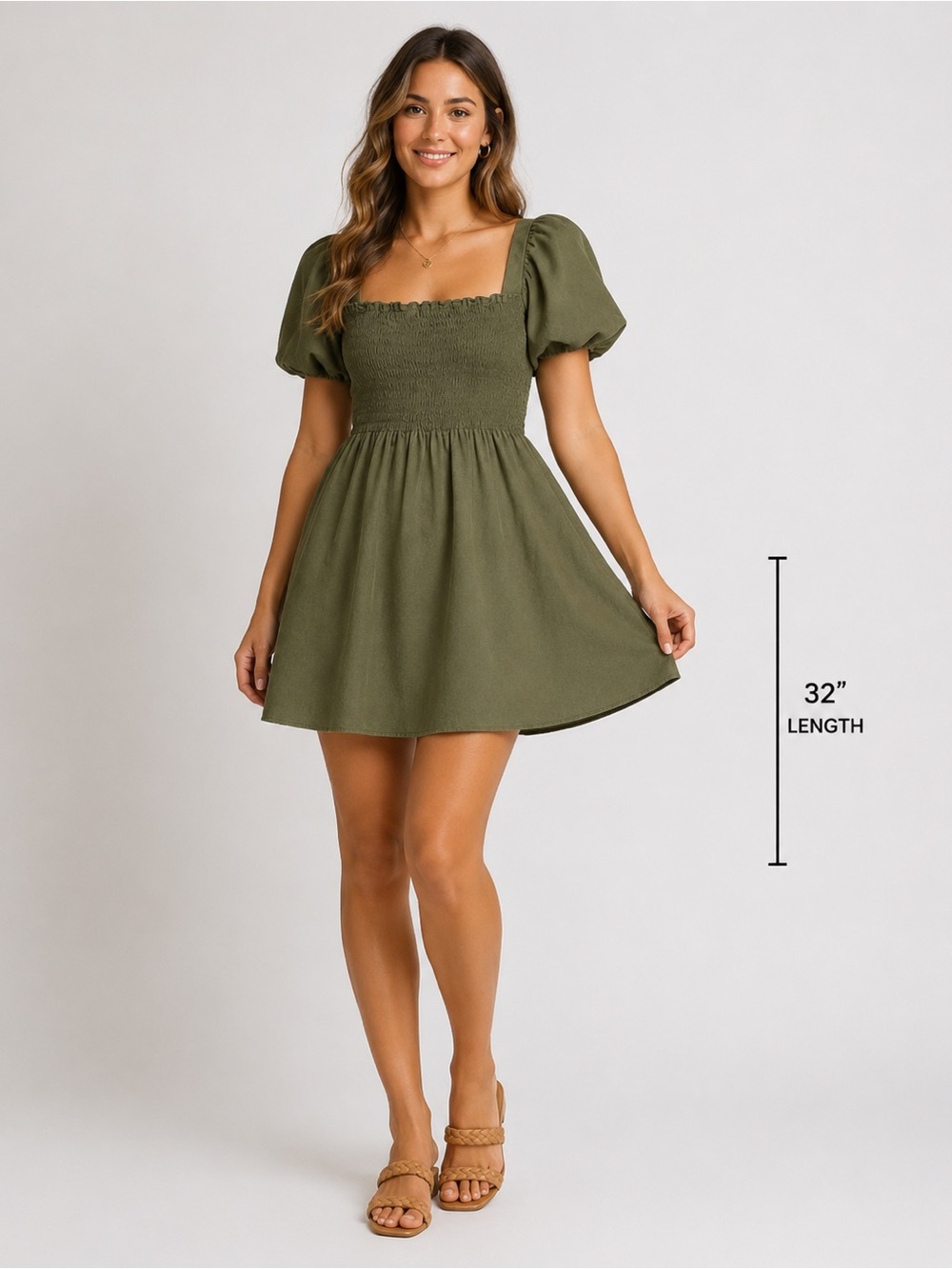 NLT Women's Olive Green Smocked Puff Sleeve Mini Dress Size Medium